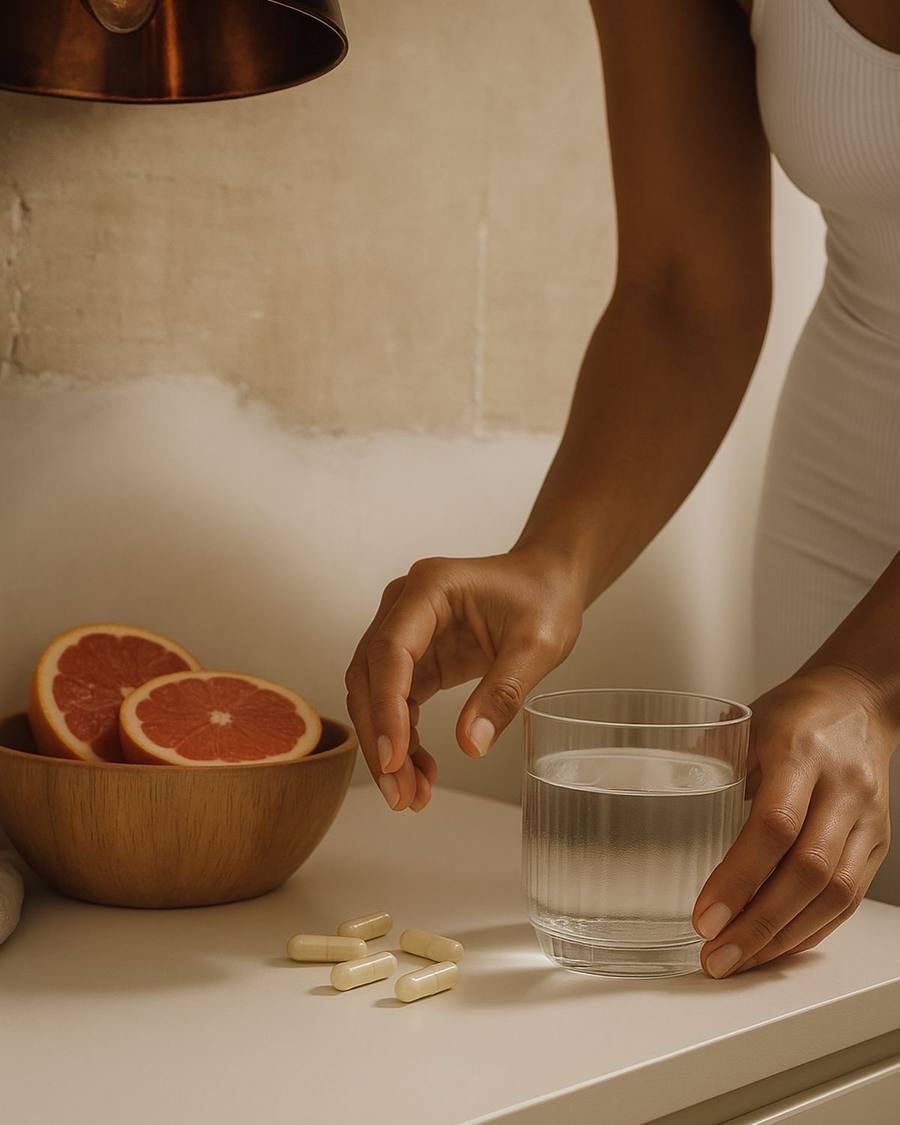 Supplements und frische Zutaten auf einer Arbeitsfläche